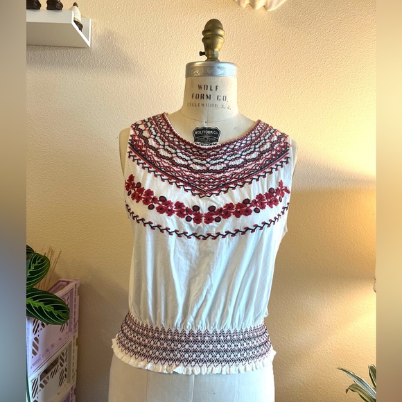 Anthropologie boho top tank cotton embroidered Mexican natural fibers size M - Picture 2 of 6